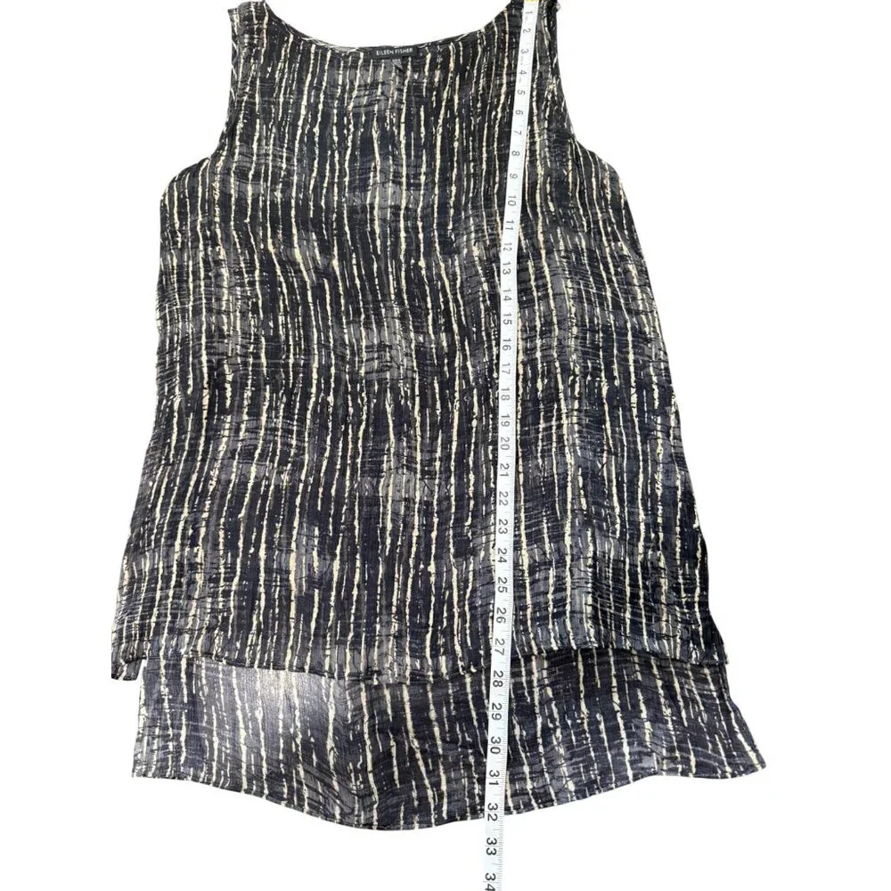 Eileen Fisher Sheer Silk Sleeveless Top Abstract Stripe Black Beige Size M - Picture 7 of 7